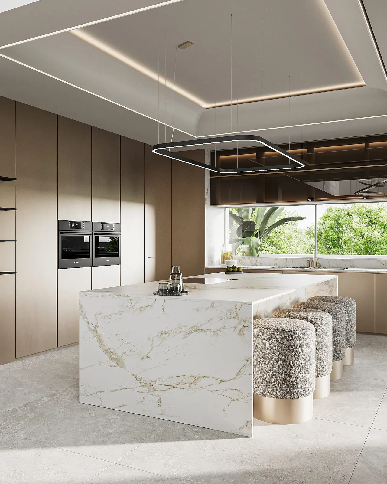 Visualisation of the kitchen with a marble island