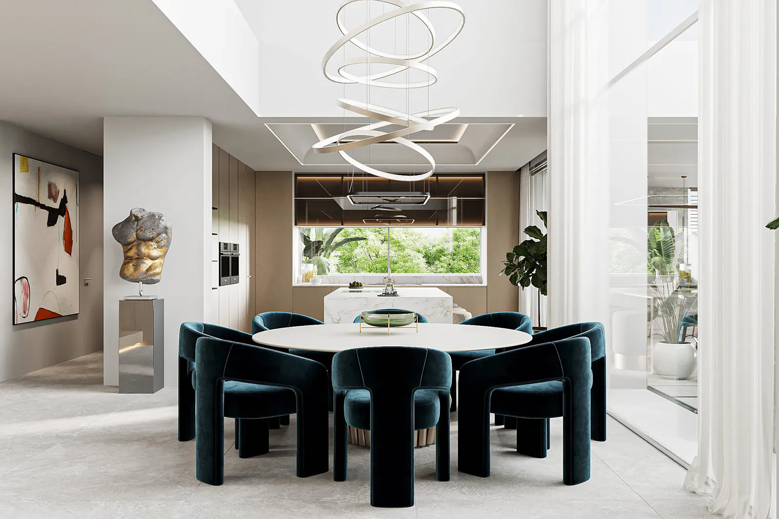 Visualisation of the dining area under a double-height ceiling