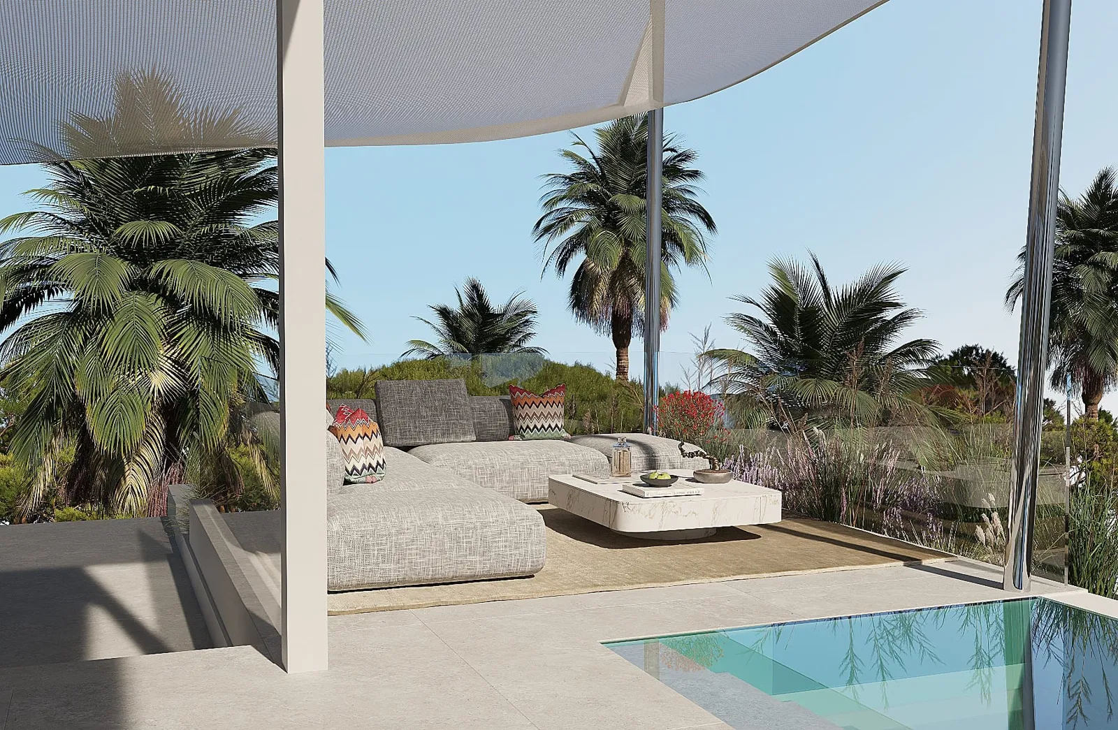 Visualisation of the roof terrace lounge with a plunge pool