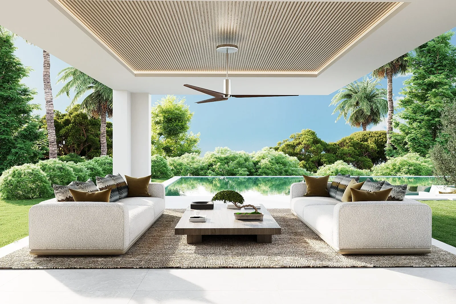 Visualisation of the covered terrace lounge with the pool beyond