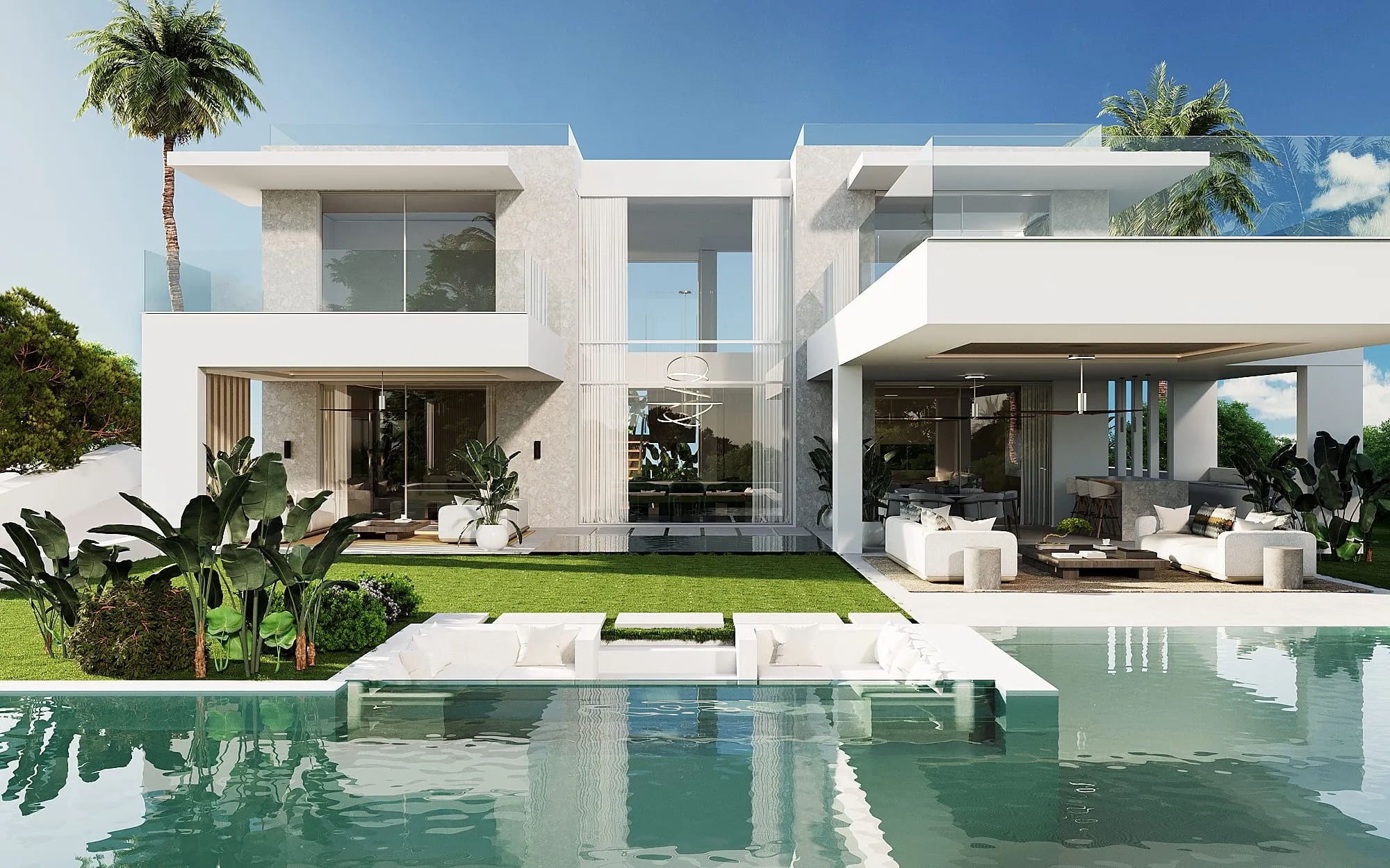 Architectural visualisation of the villa with its pool and garden