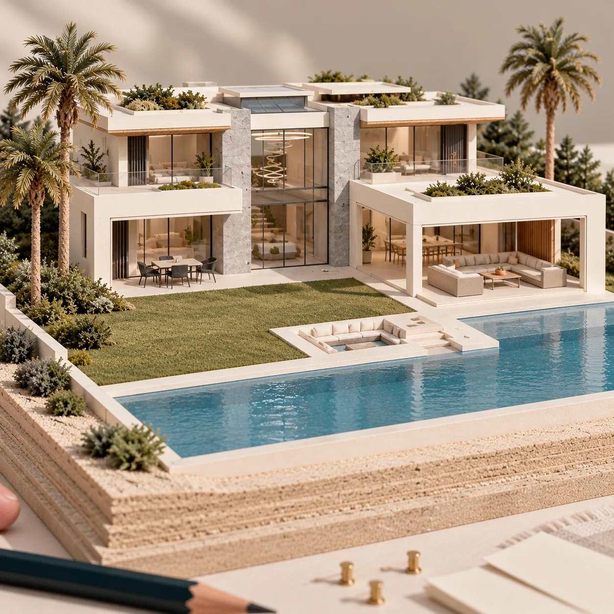 Close model of the villa, lawn and pool terrace