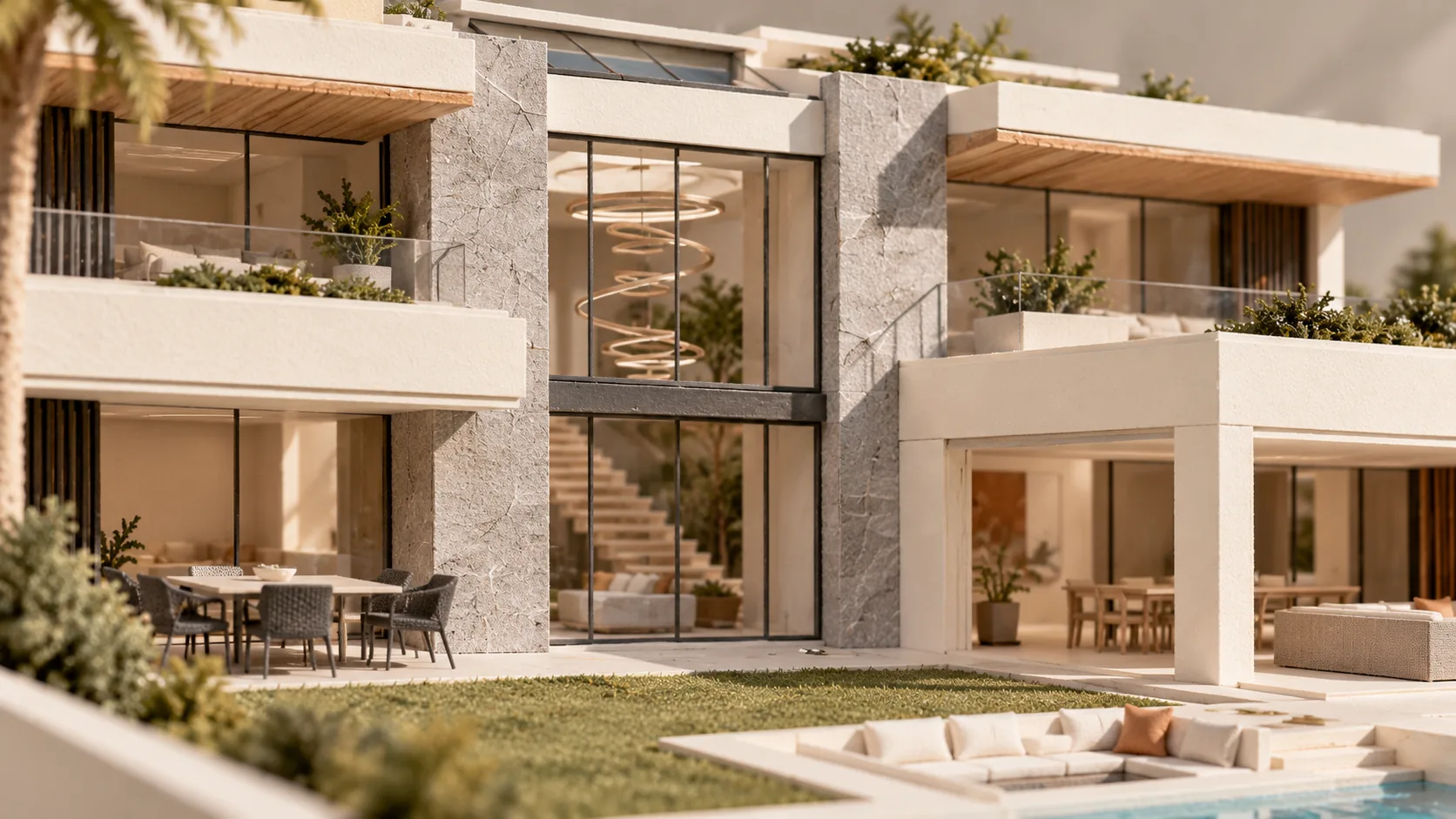 Model of the villa façade with glass walls and a stone pier