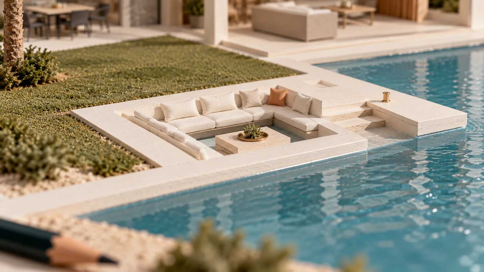 Model of a sunken lounge beside the pool