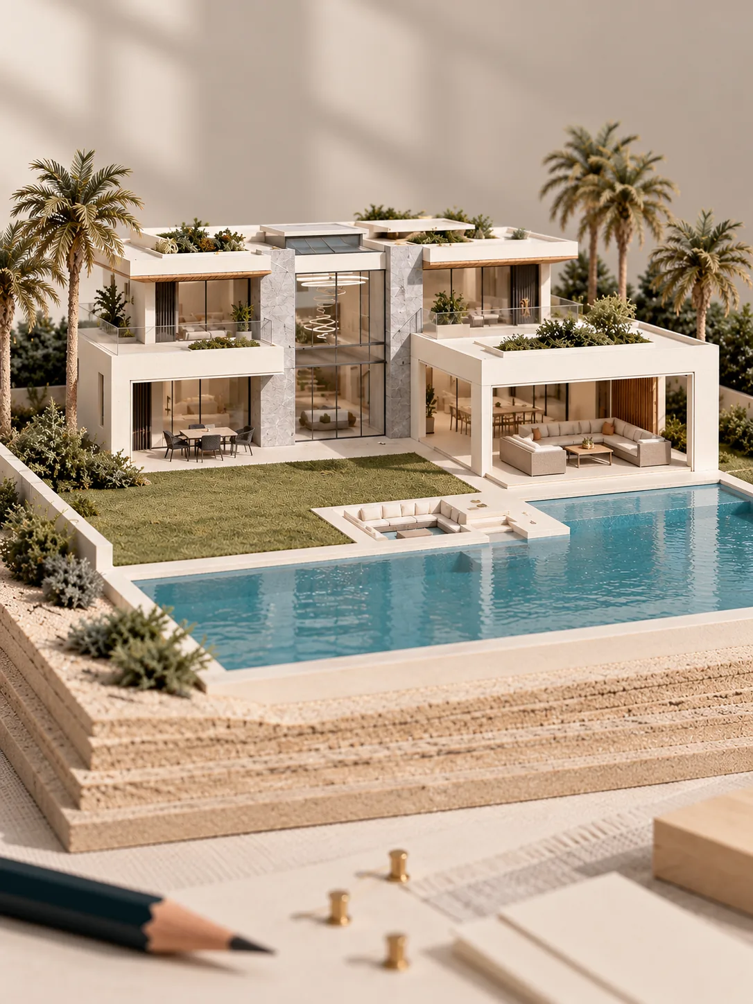 Model of a villa with glass walls, stone cladding and a long pool