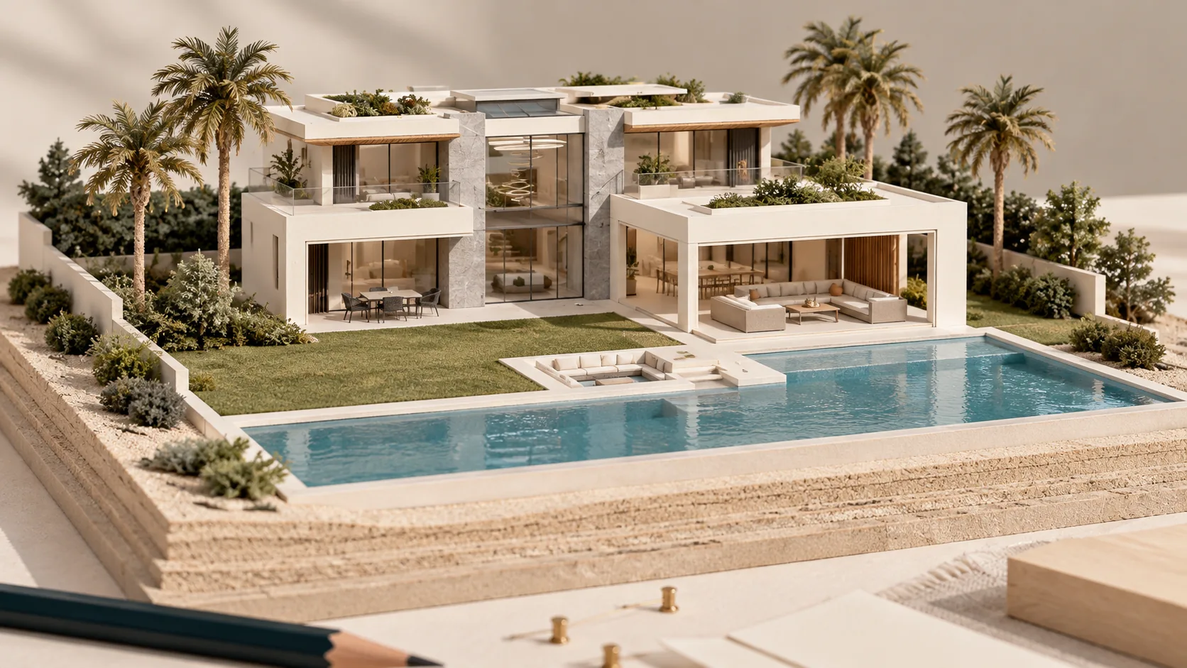 A model of a white villa with a long pool, lawn and palms