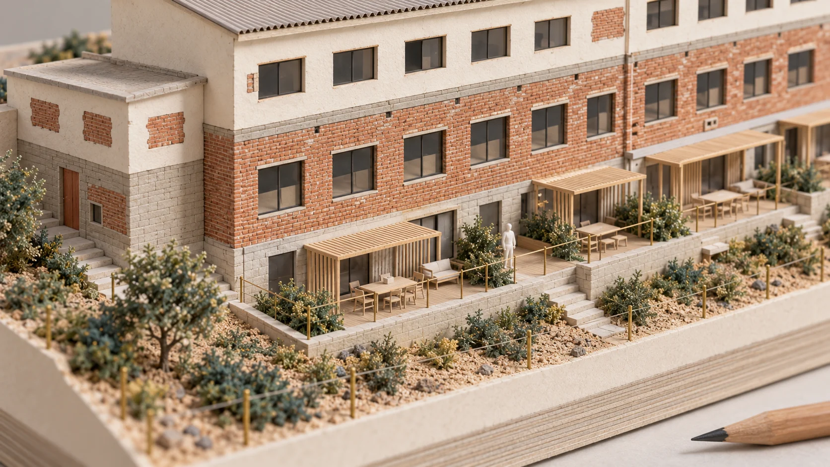 Model of an east-side terrace with loungers and a balustrade