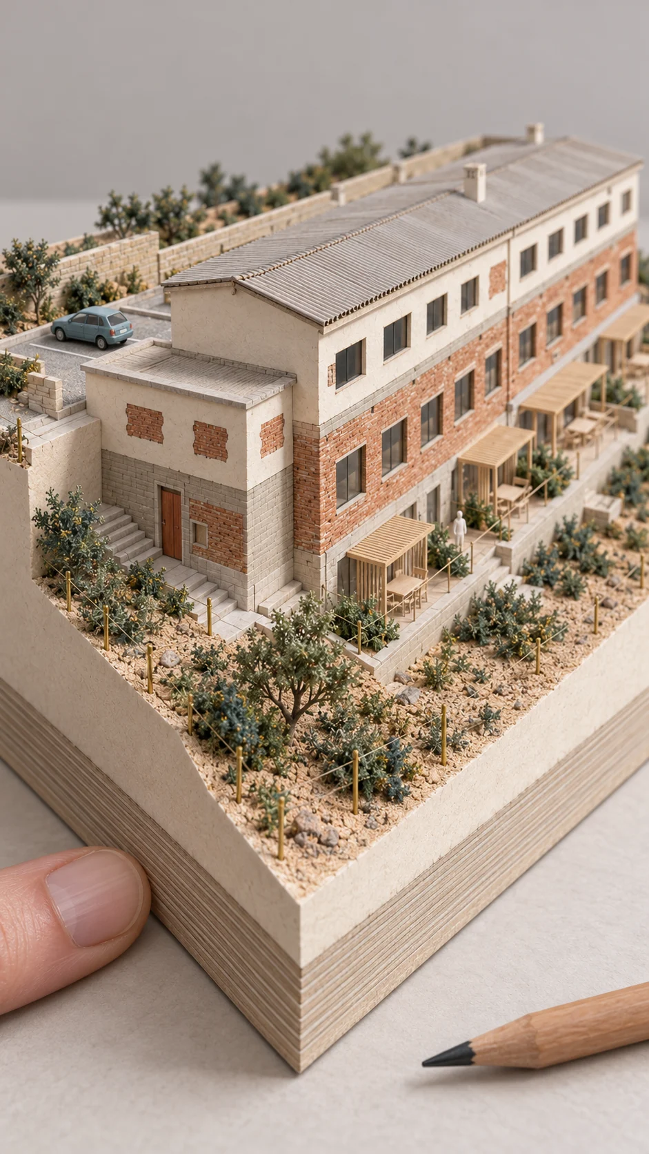 Model of the entrance and parking edge, a fingertip at the corner