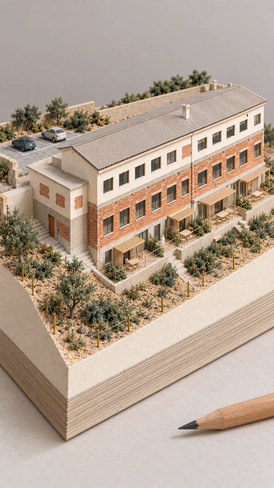 Scale model of a three-storey brick building with terraces stepping down the east side, parking above, a pencil beside it