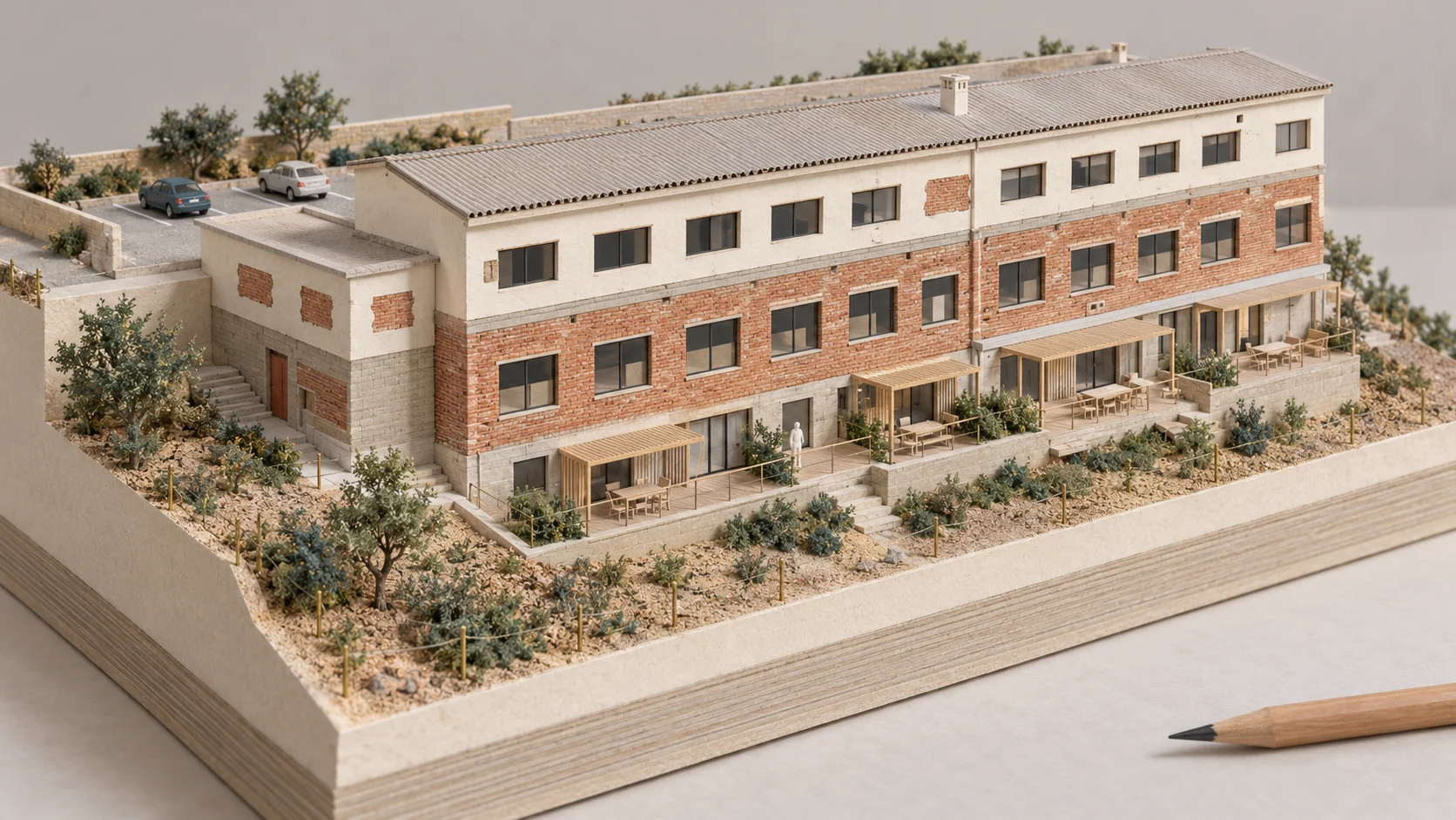 A model of a three-storey building with grounds on a plinth, a pencil beside it