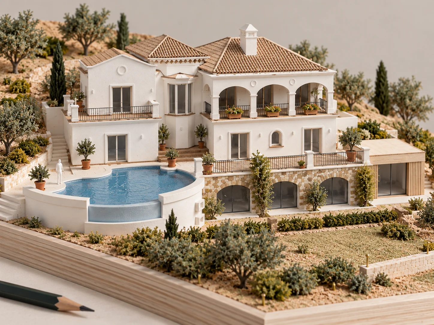 Close model of the villa and pool terrace