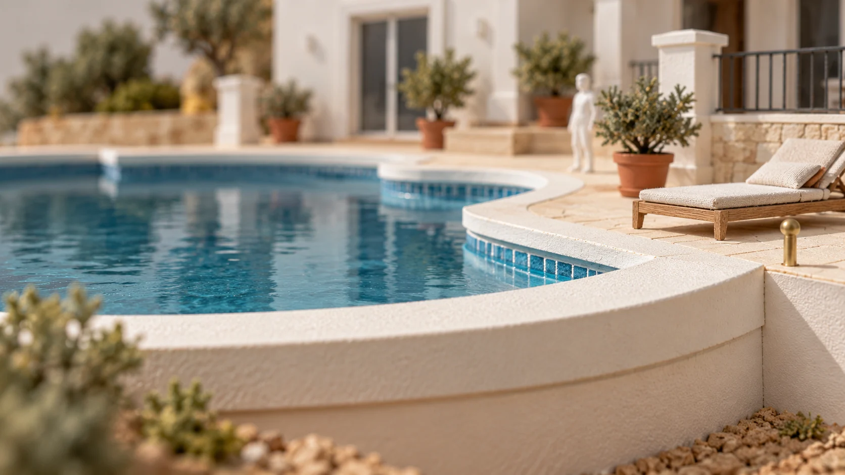 Model of the curved pool terrace with a lounger