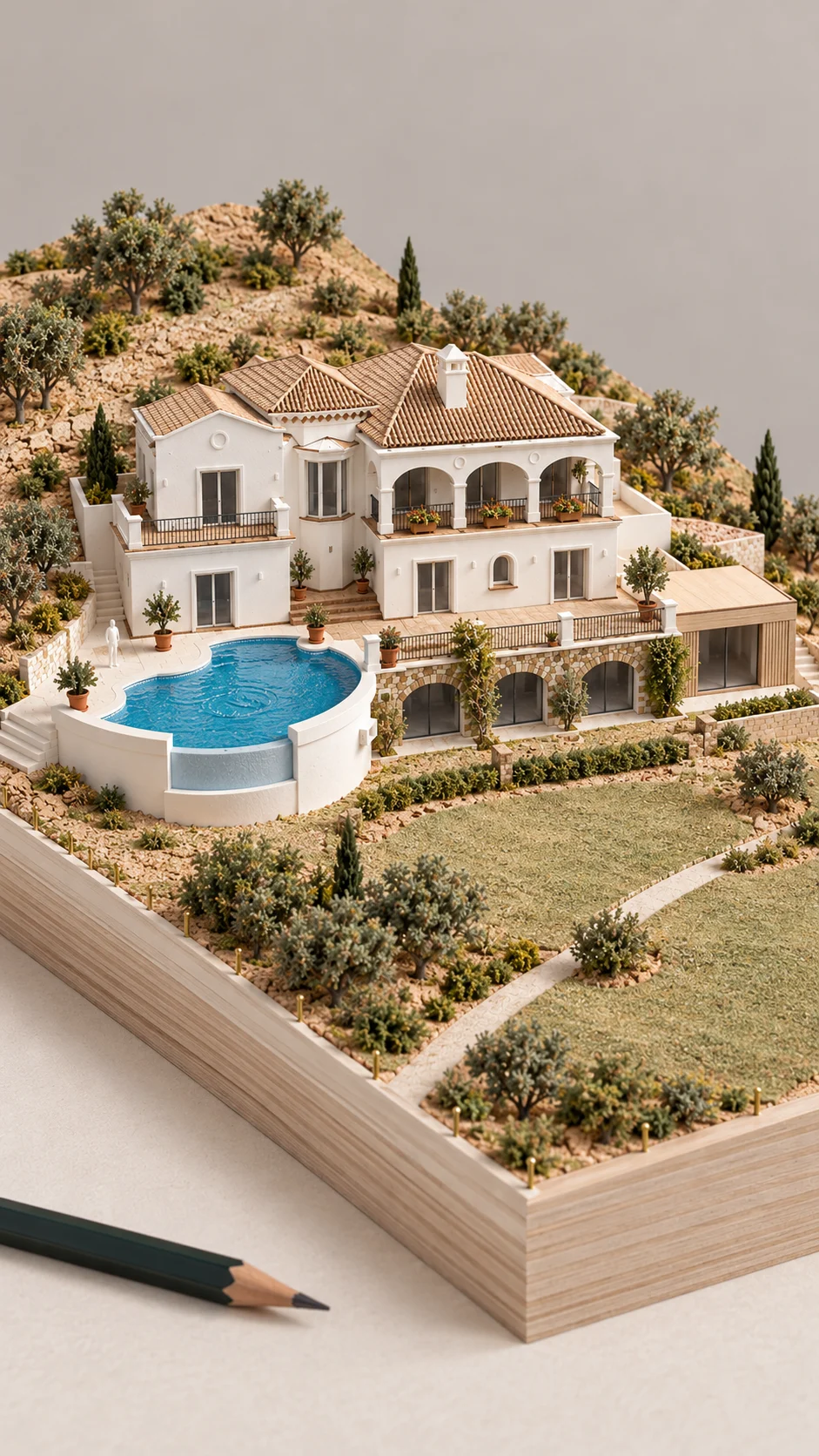 Scale model of a white villa with an arched loggia, round pool and fairway beyond, a pencil beside it