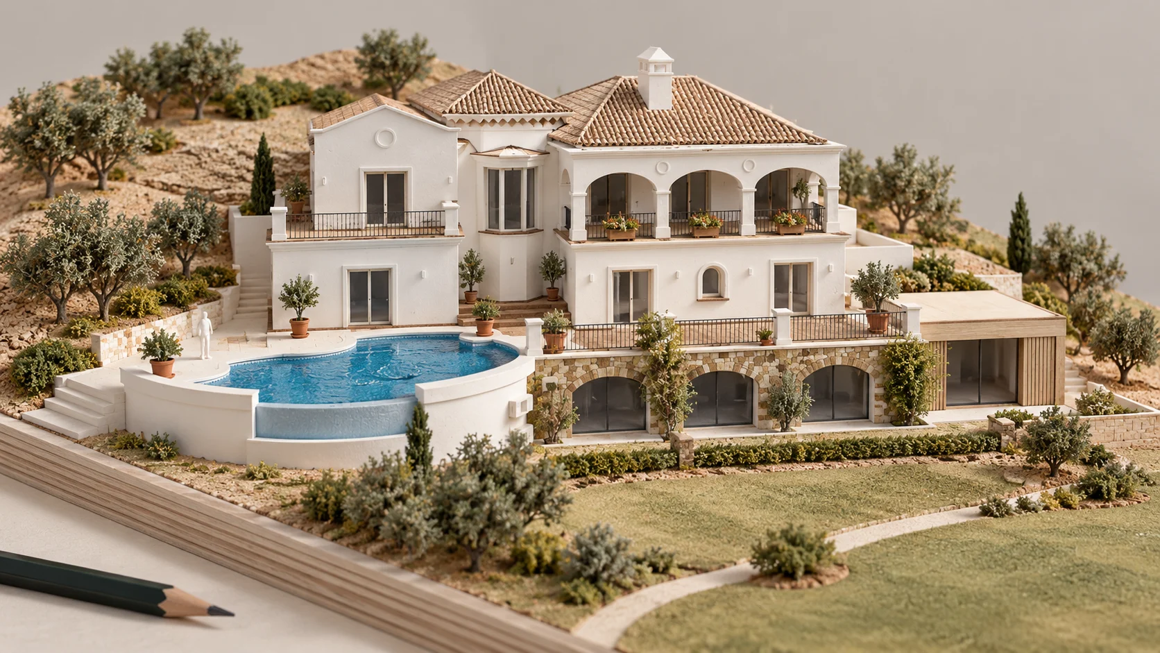 A model of a white villa with a pool and golf fairway beyond, a pencil beside it