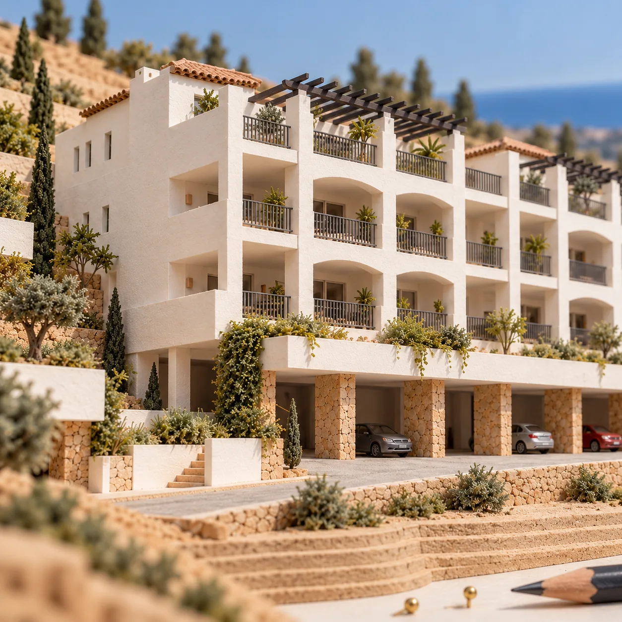 Close model of the apartment building and terraced garden