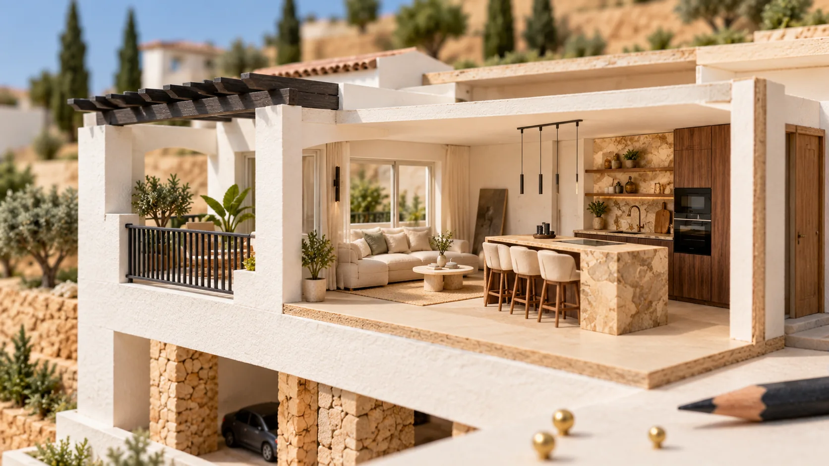 Section model of an open-plan kitchen and living room opening to a terrace