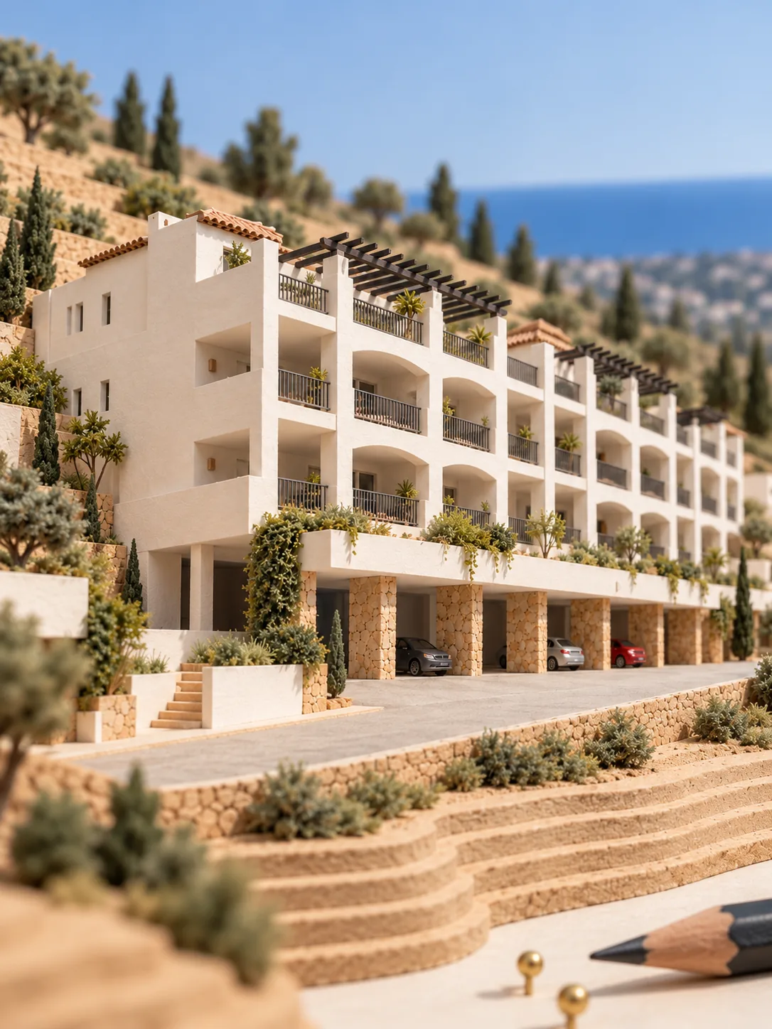 Model of a white apartment building with terraces and a stone-clad base, sea beyond