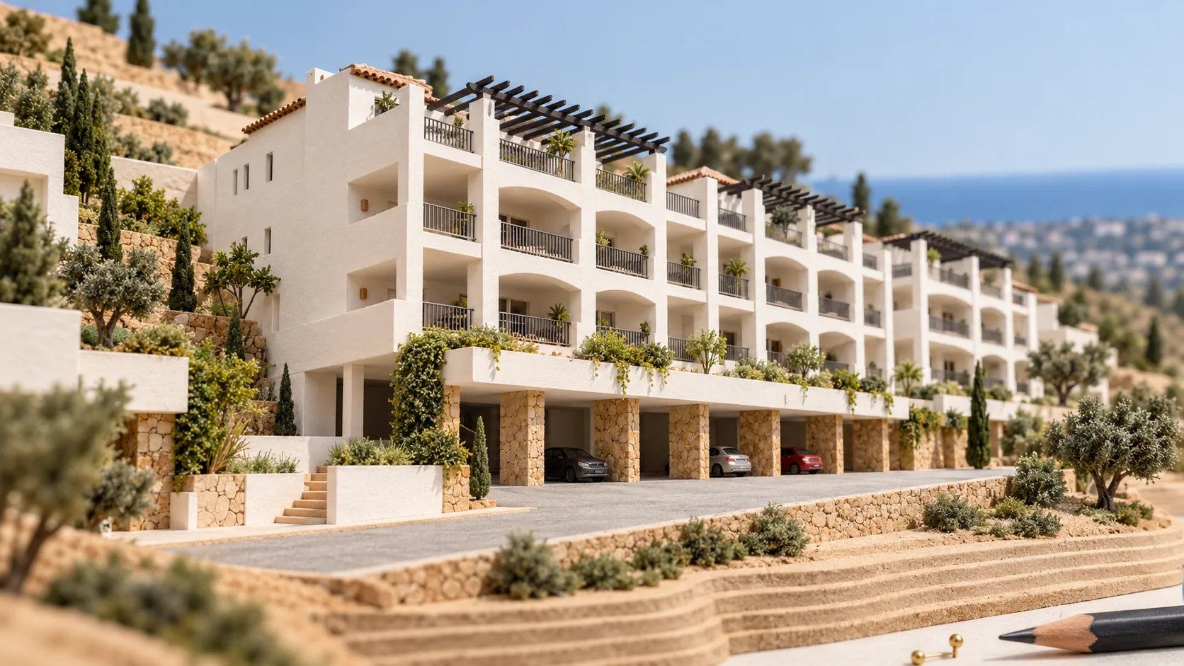 A model of the apartment building stepping down a hillside with the sea beyond