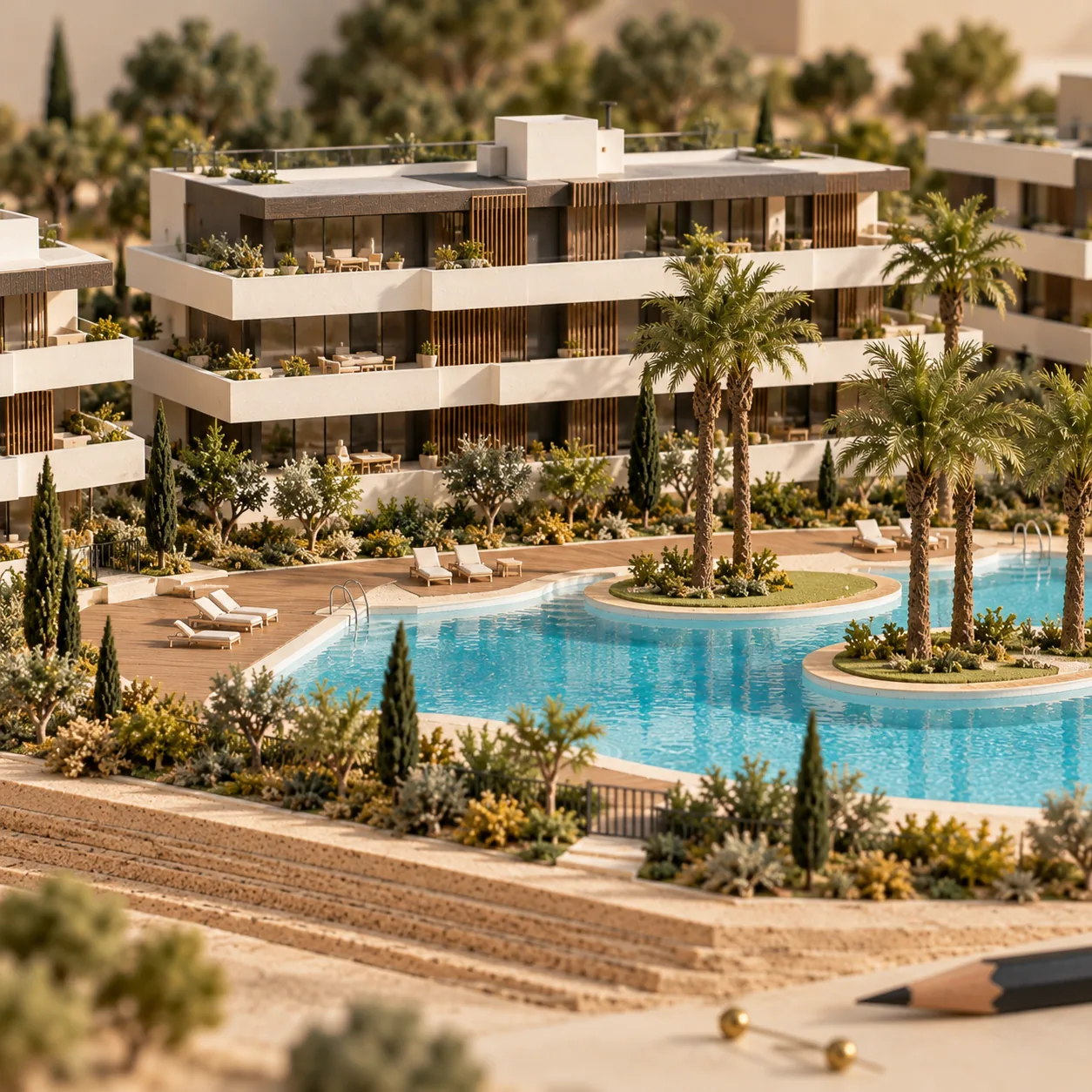 Close model of the pool garden and the apartment blocks