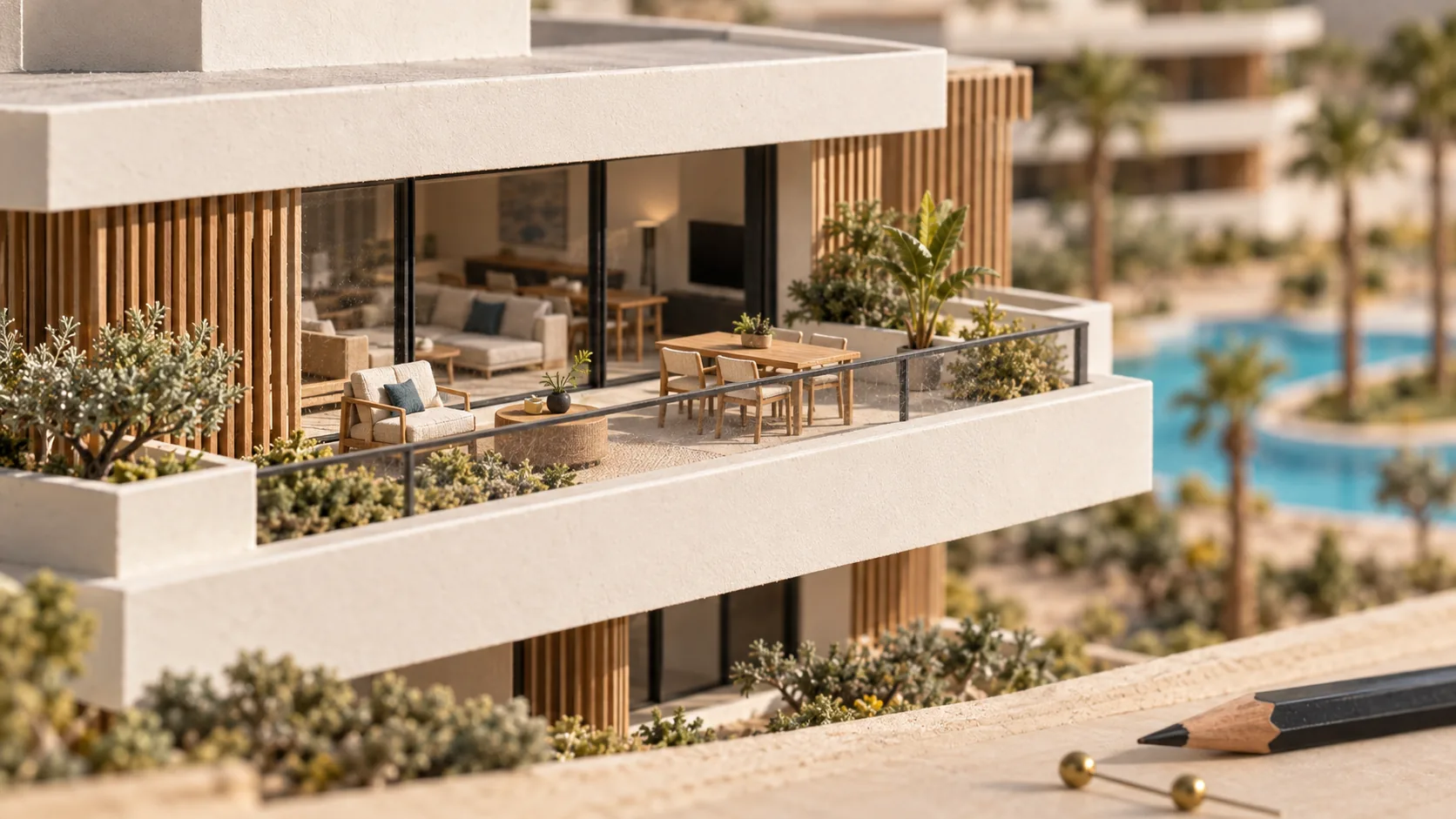 Model of an apartment block with timber slats and deep terraces