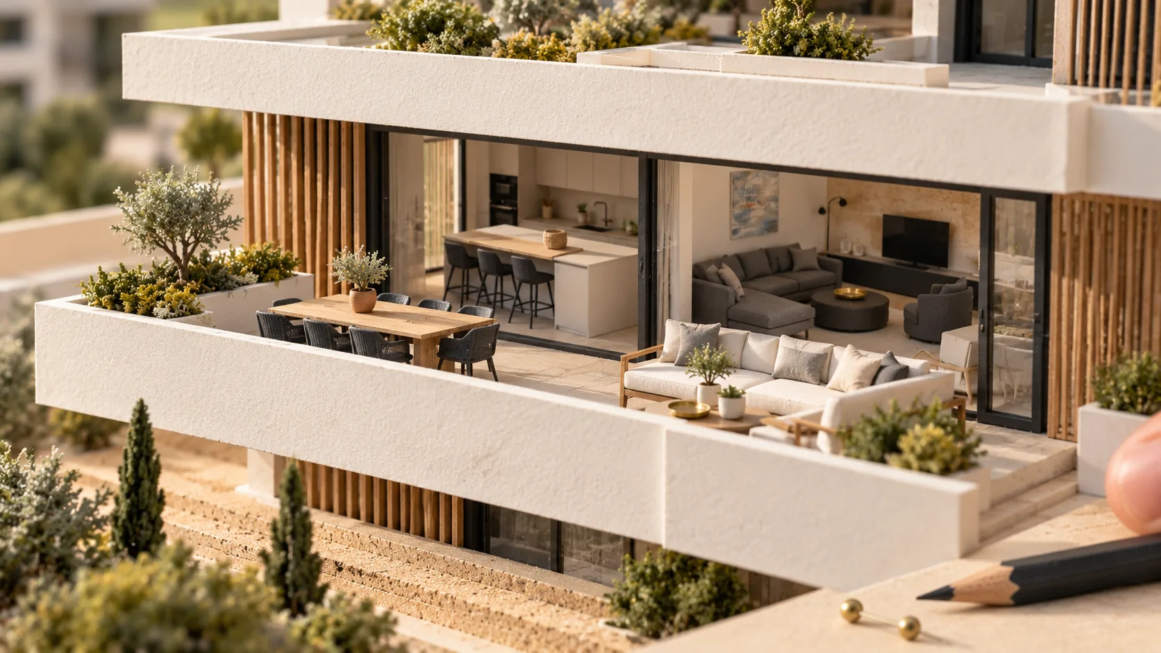 Section model of an open living room and terrace on a middle floor
