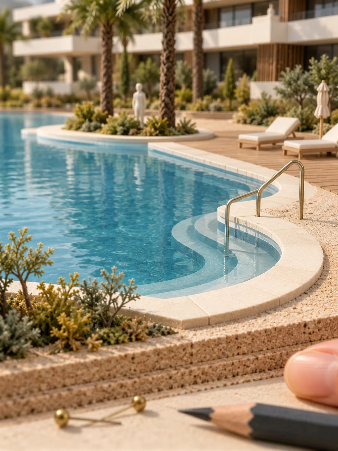 Model detail of a curved pool edge with loungers and a rail