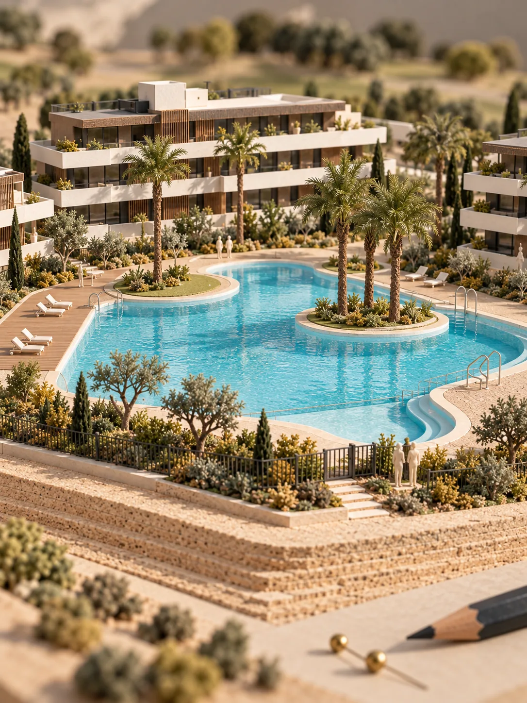 Model of a pool surrounded by palms, with apartment blocks behind