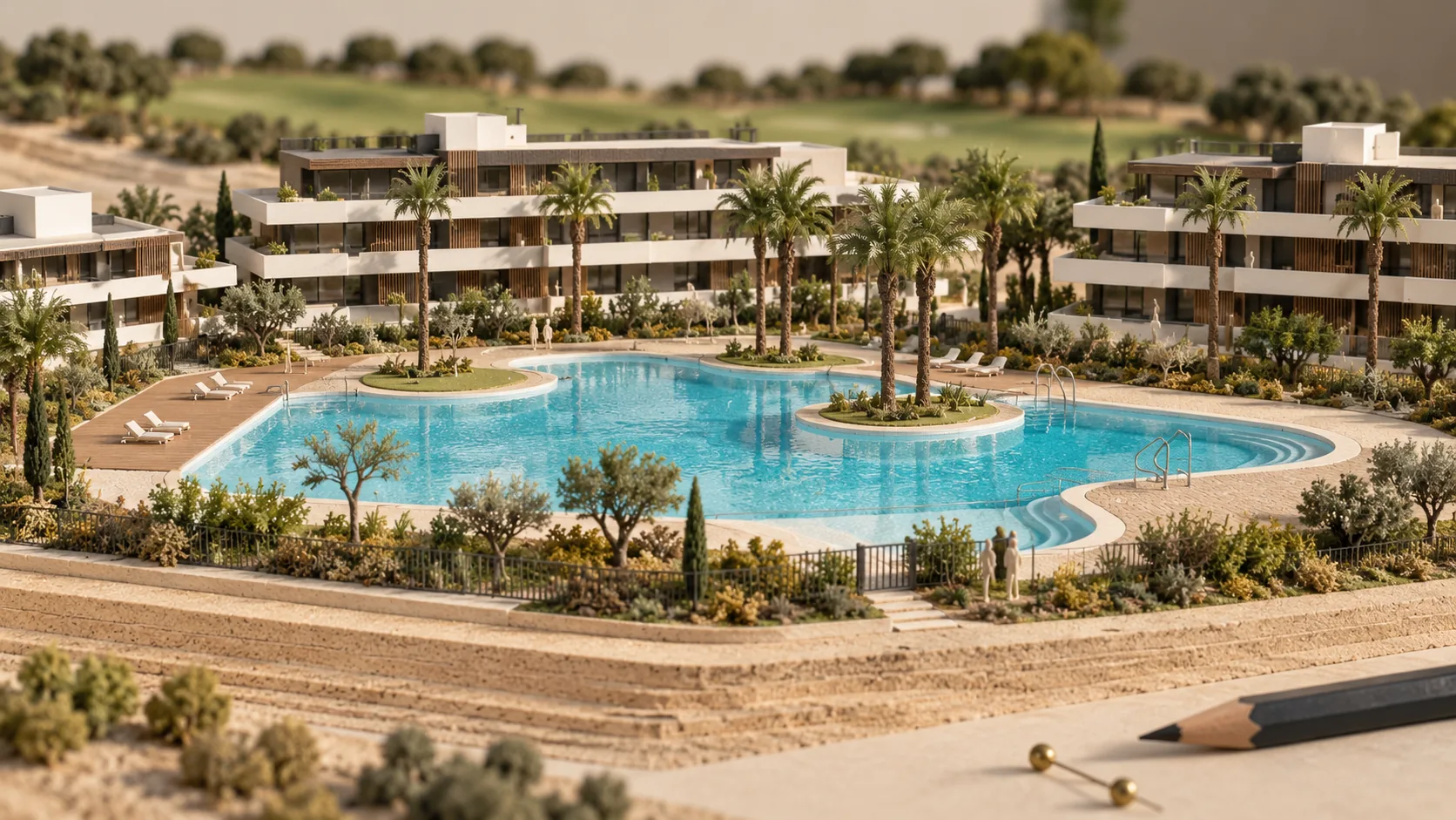 A model of apartment buildings around a landscaped pool with palms