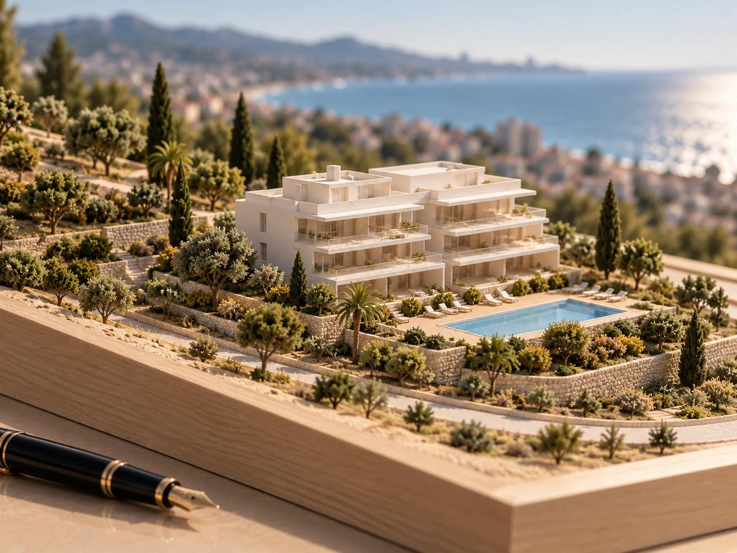 Model of one residential block with terraces and pool
