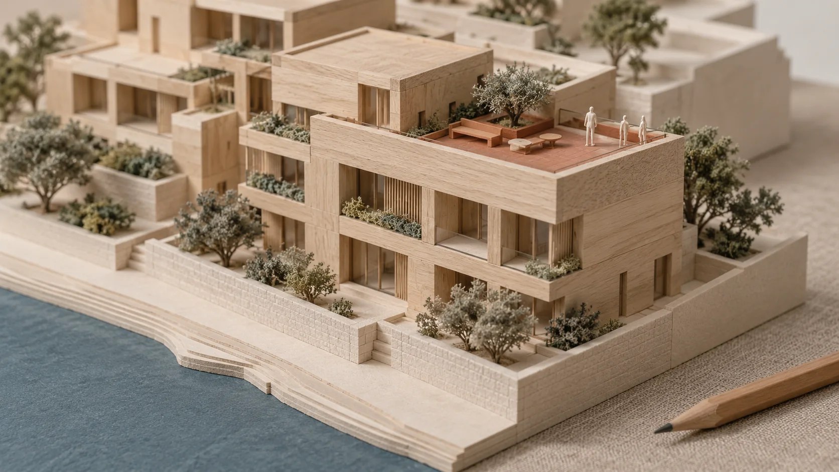 Light-oak block with a terracotta roof terrace and 1:100 figures