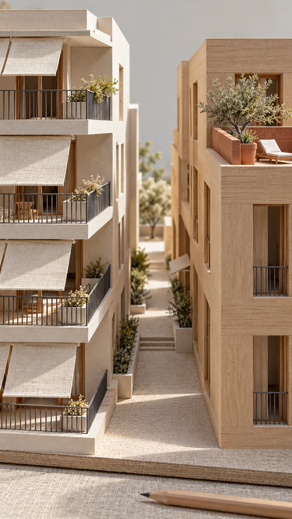 The walk between two model blocks in soft daylight