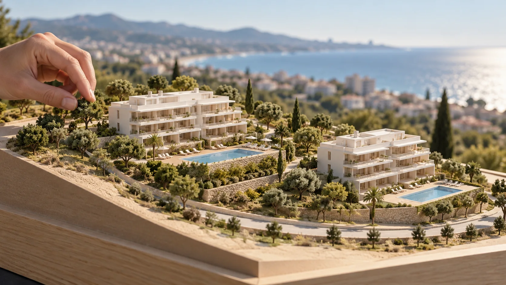 Scale model of two residential blocks on a hillside with pools, a hand placing a tree, the coast beyond