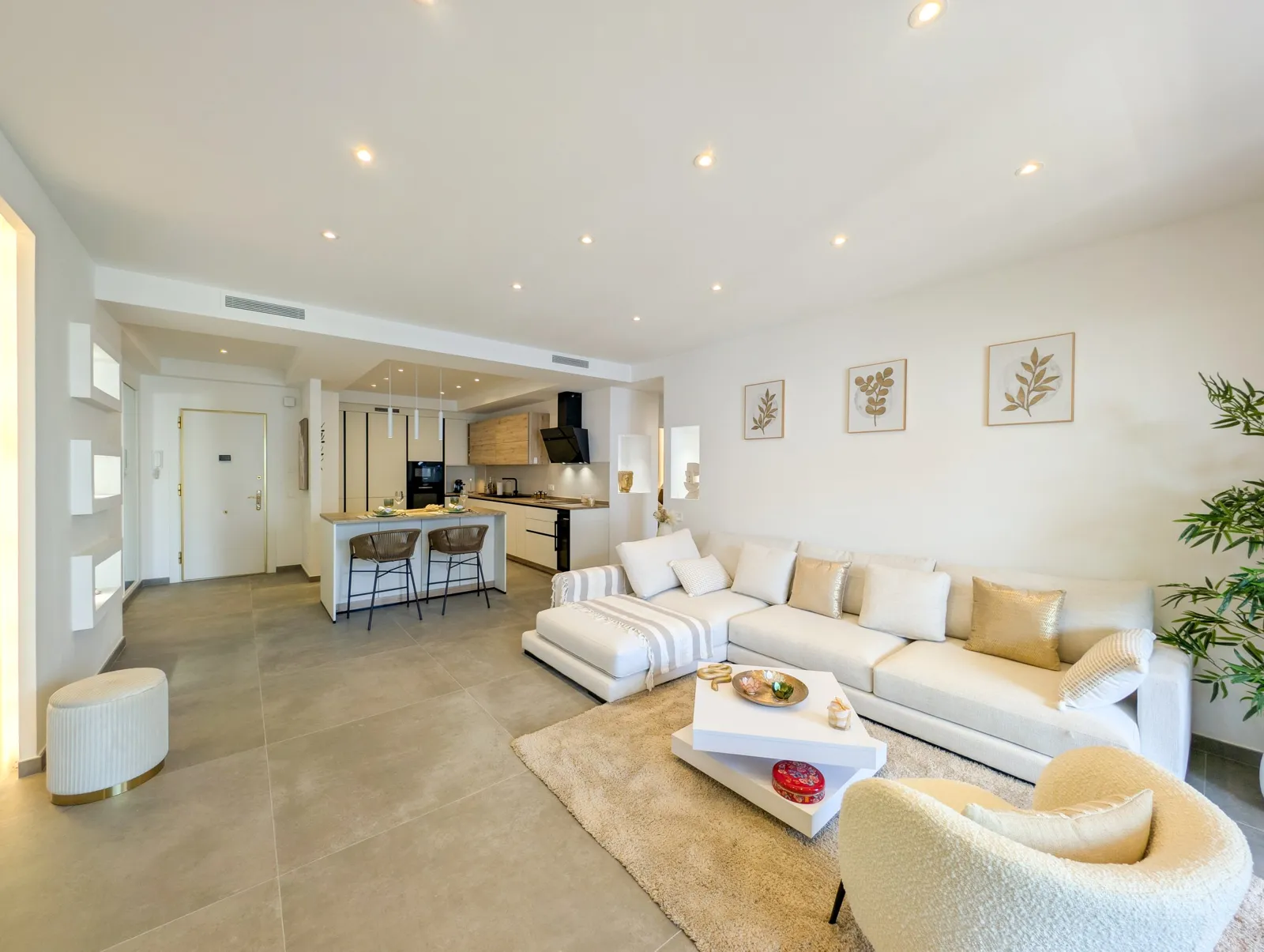Open living room and kitchen of the apartment