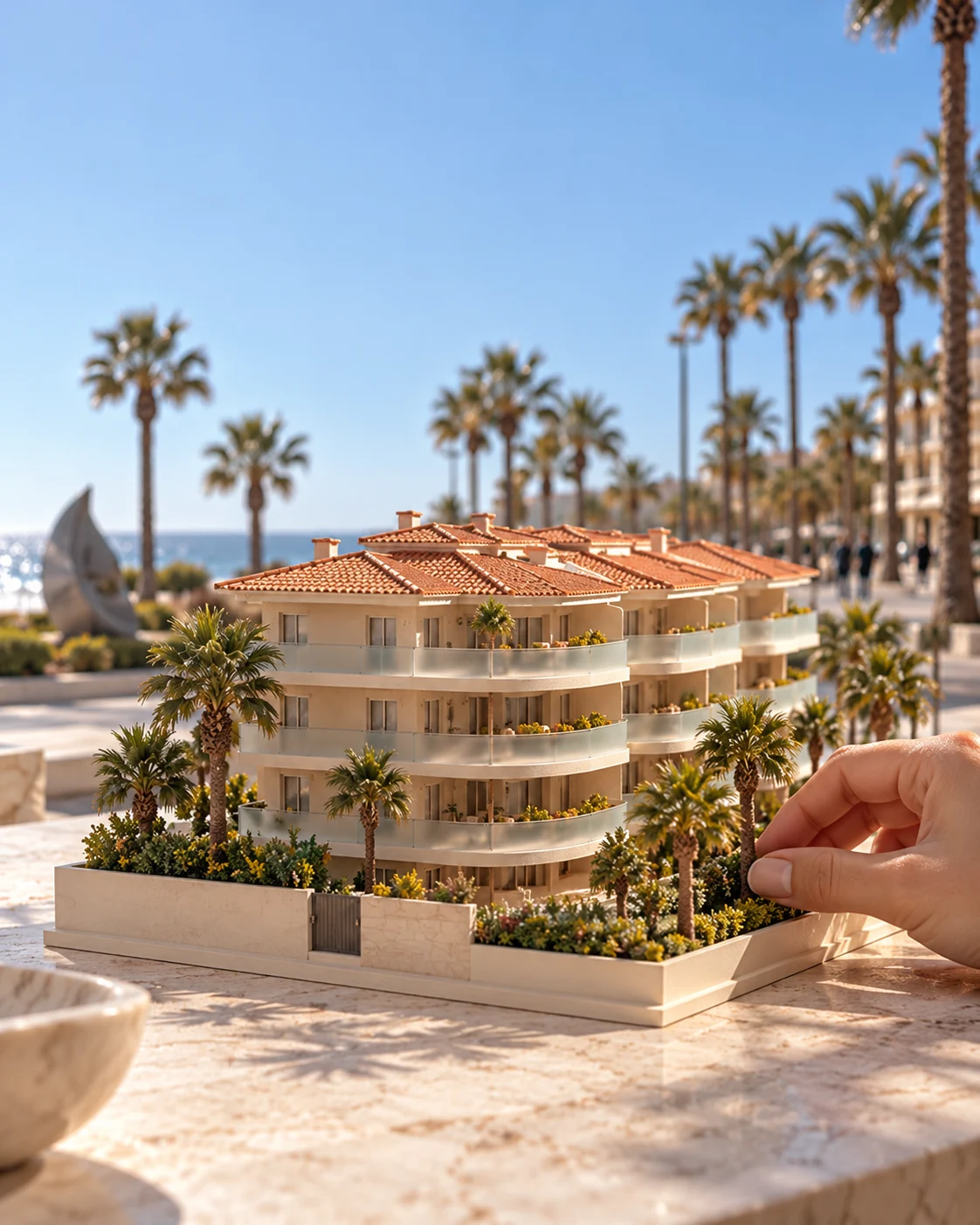 Scale model of the building, a hand placing a palm