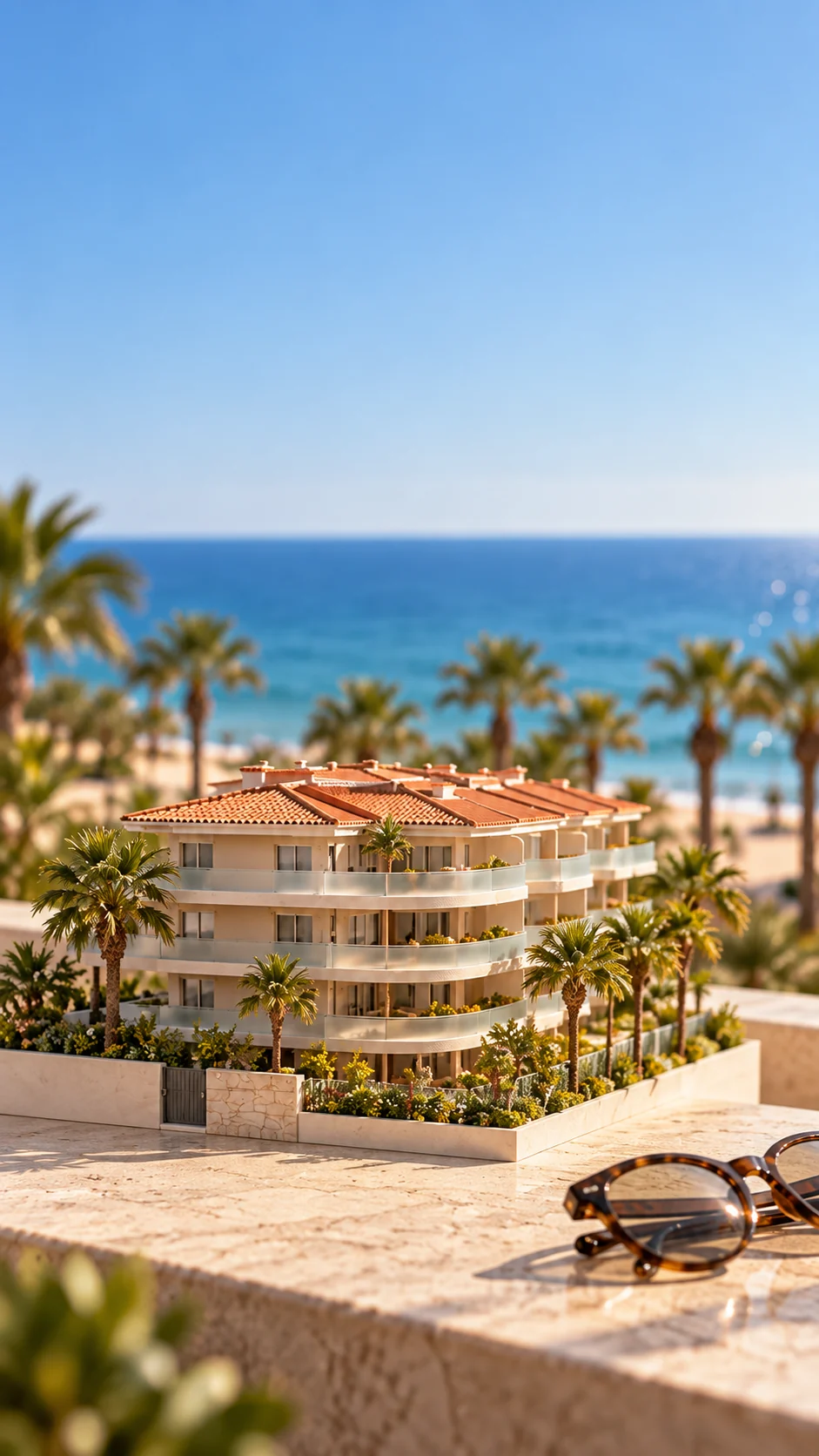 Model of the building on a terrace ledge with reading glasses, the sea behind