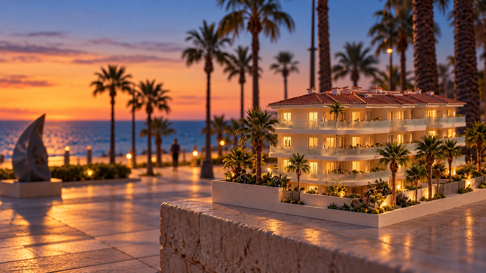 The same model at dusk, windows lit, on the promenade
