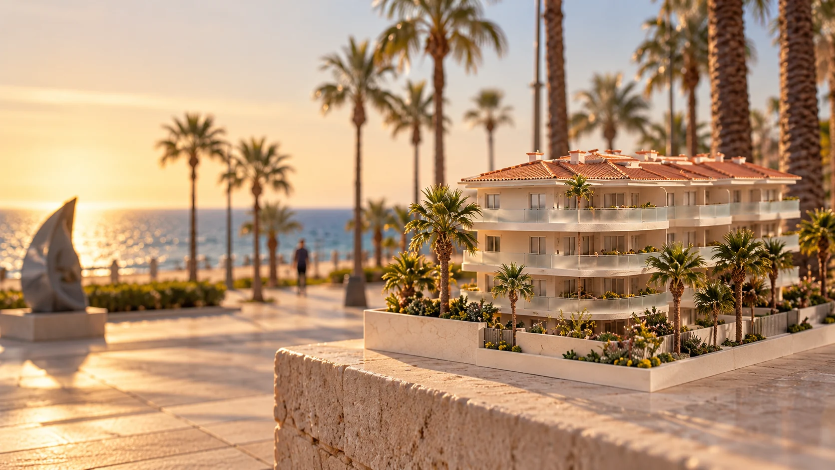 Scale model of the Noray Playa building on the promenade wall in golden light