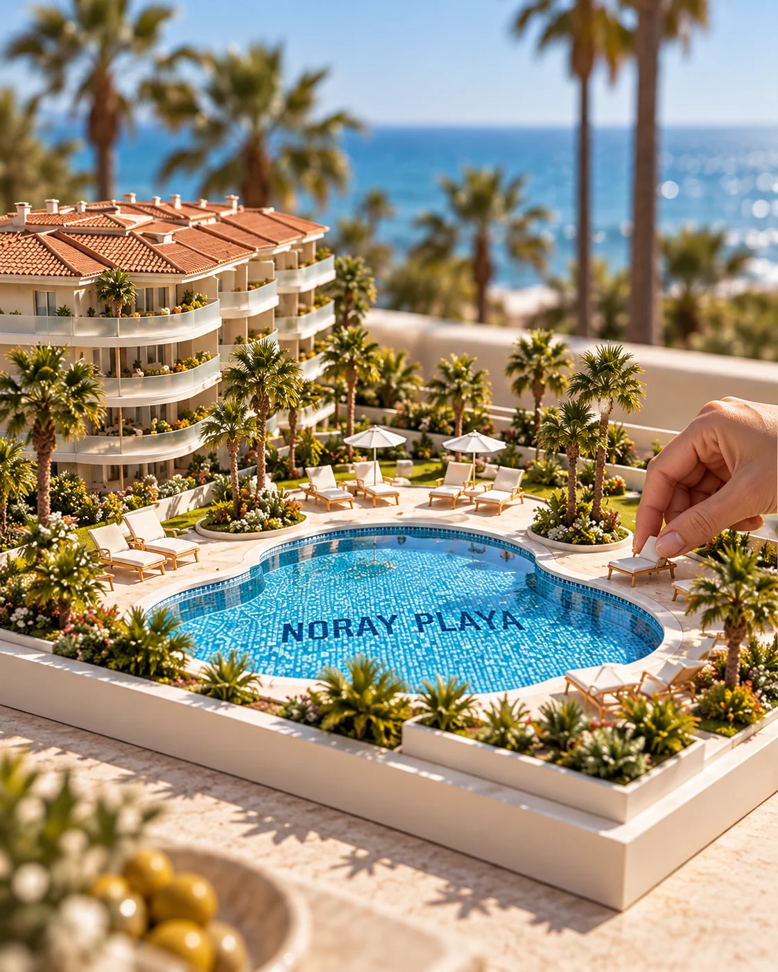 Model of the pool with NORAY PLAYA in the mosaic, a hand placing a lounger