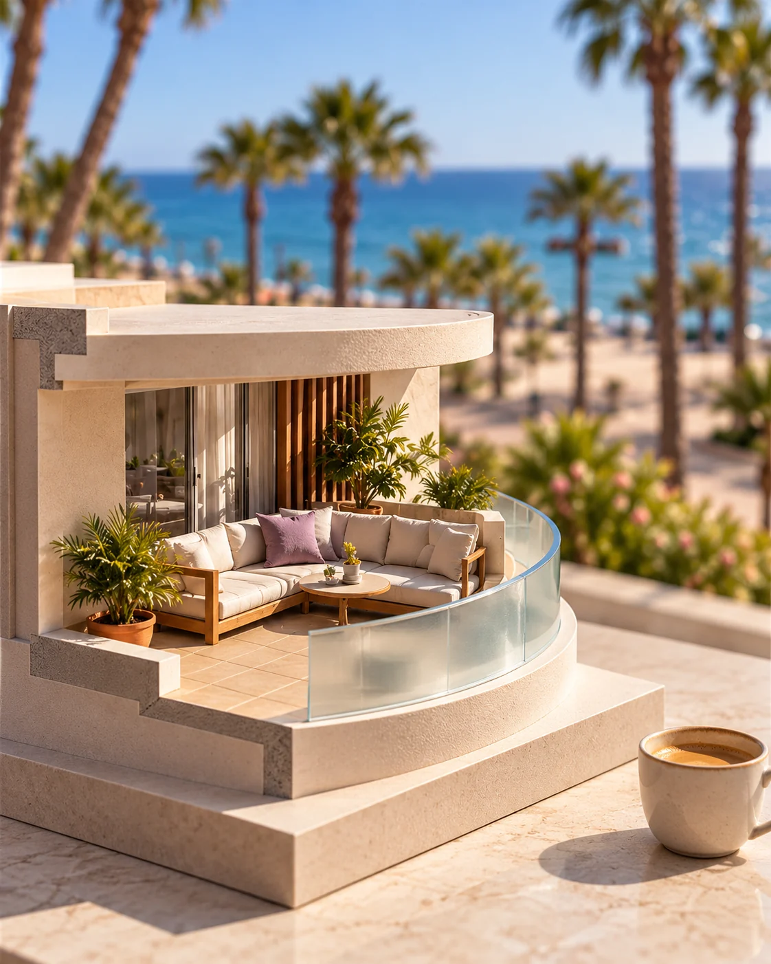 Section model of a curved balcony with outdoor sofa, a coffee cup beside it