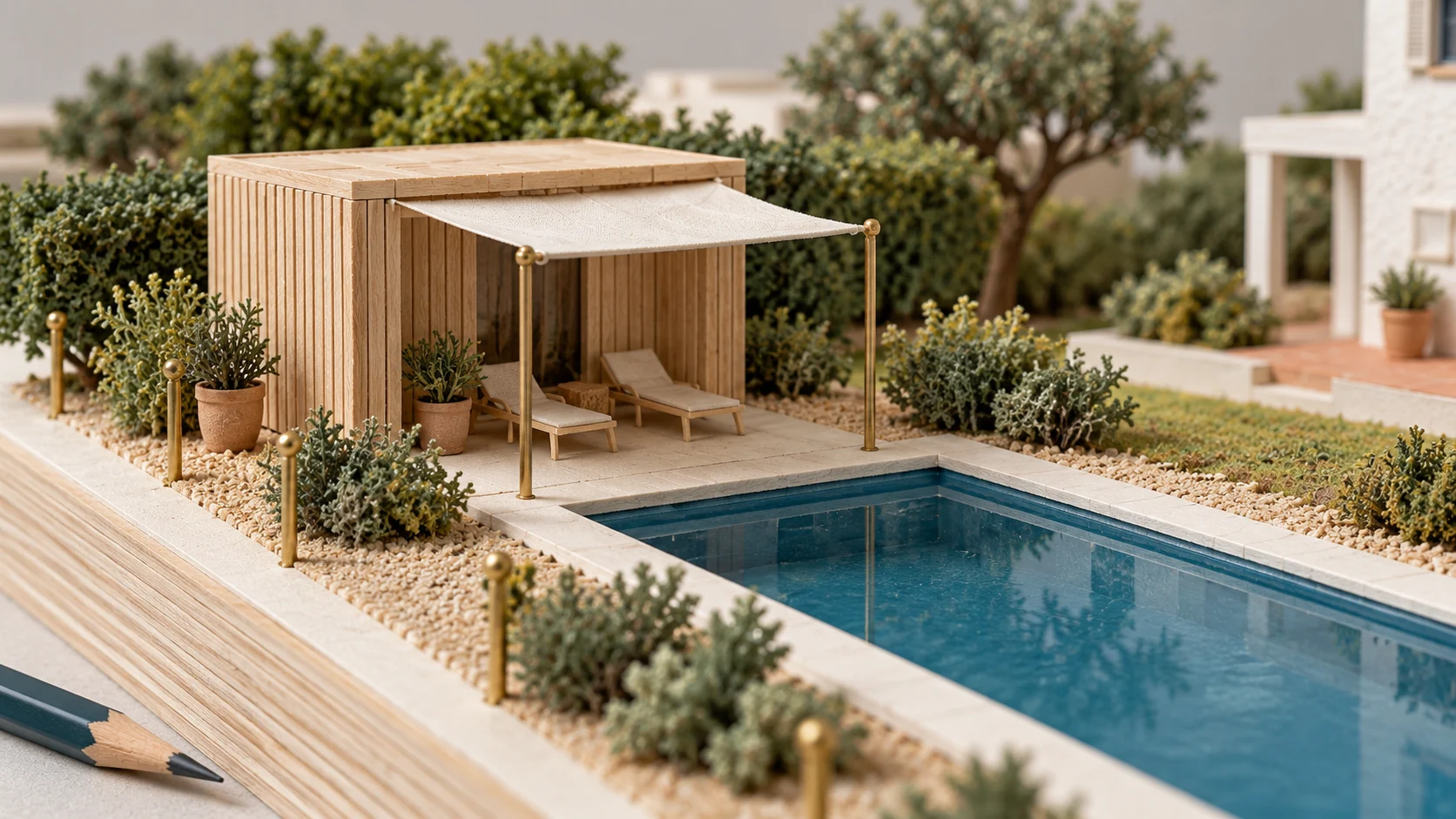 Model of the pool house with a linen awning