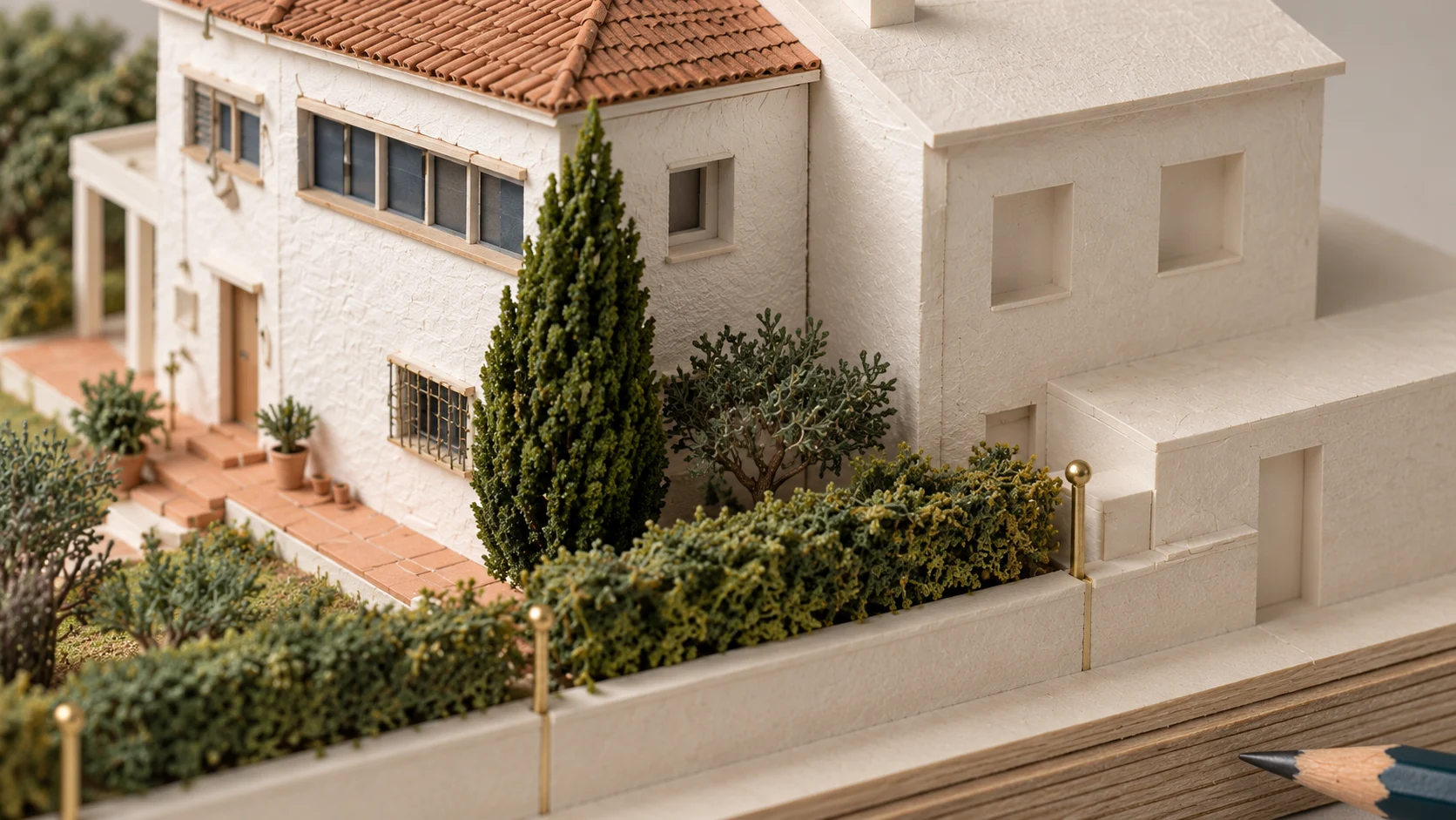 Model of the villa and its party wall with brass boundary pins