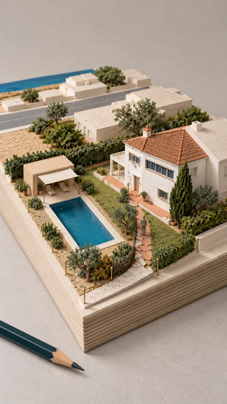 Scale model of a semi-detached villa with garden pool and pool house, a strip of sea at the far end