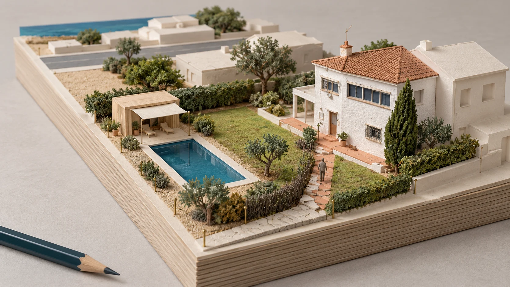 A model of a semi-detached villa with a pool and pool house, a pencil beside it